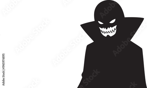 Monochromatic silhouette of a fearful masked figure in dark robe