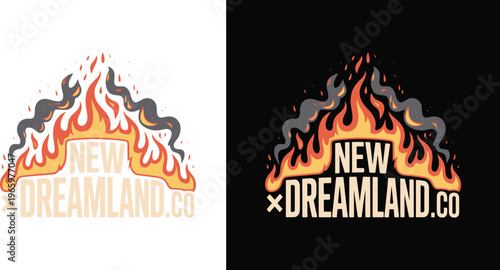 Flame Logo Design with Fire and Smoke for New Dreamland Co, Streetwear Style Vector Illustration