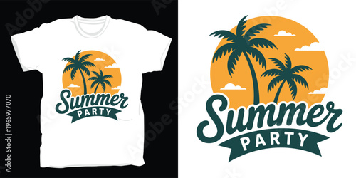 Summer party palm trees and sun graphic design.