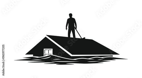 A lone figure stands atop a submerged house representing climate change impacts and vulnerability a stark silhouette high quality professional detailed