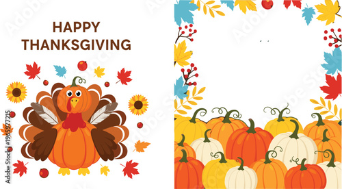 Thanksgiving vector set featuring a cute turkey character made of a pumpkin with autumn leaves sunflowers and a festive pumpkin border background.