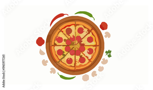 Top view sliced pepperoni mushroom pizza on wooden board with fresh ingredients flat vector illustration
