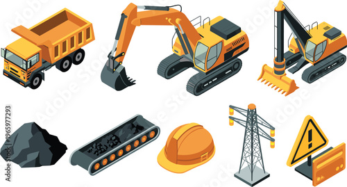 Isometric construction machinery set, excavator dump truck conveyor helmet warning sign power tower, industrial equipment collection, mining and building illustration