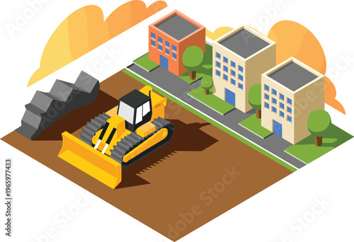Isometric construction site illustration, bulldozer excavating land near modern buildings, urban development concept, heavy machinery, city infrastructure growth scene