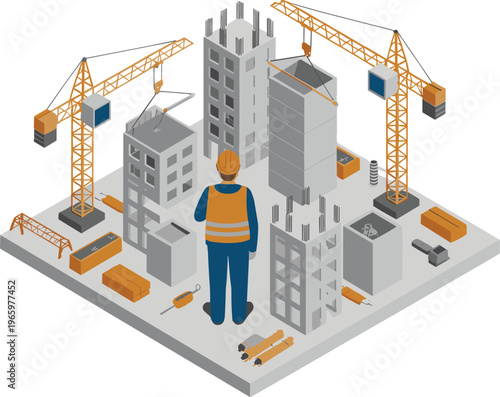 Isometric construction site with cranes and buildings, engineer supervising development, urban infrastructure project, real estate growth, industrial engineering illustration concept