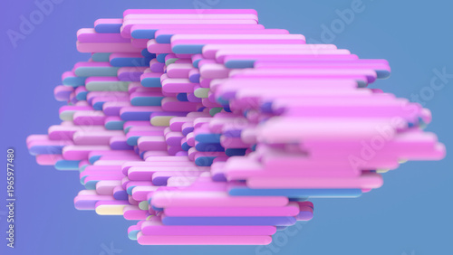 Abstract illustration of voluminous rectangular shapes. Gradients of pink and blue create an illusion of mystery. 3d rendering