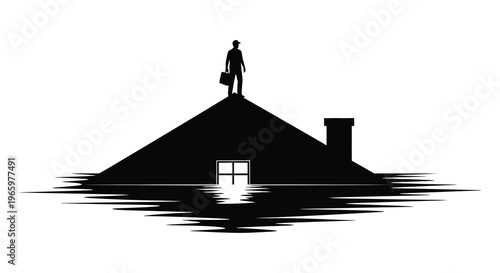 A lone figure stands atop a house partially submerged in water creating a dramatic silhouette high quality professional detailed modern elegant