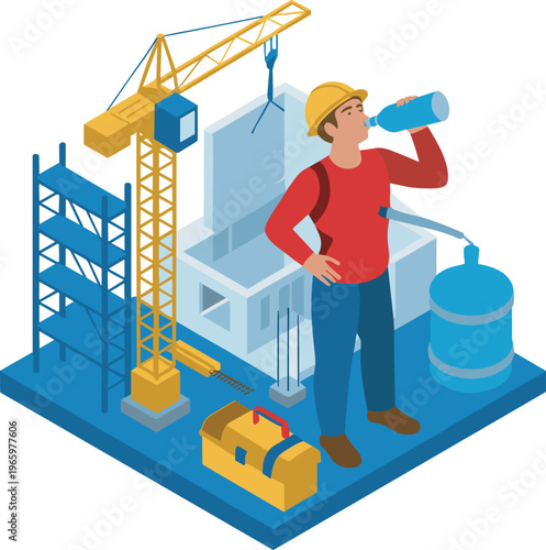 Isometric construction worker drinking water at building site crane scaffolding safety hydration labor engineering 3D illustration modern design