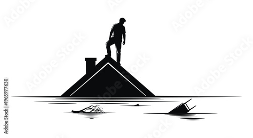 A solitary figure stands atop a house surrounded by floodwaters creating a stark and dramatic silhouette high quality professional detailed modern