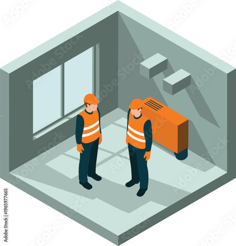 Isometric construction workers discussing building inspection inside unfinished interior space with equipment focusing on coordination planning and site evaluation