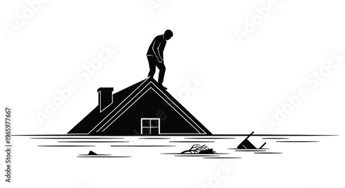 A lone figure stands atop a submerged house representing loss and vulnerability in a flooded landscape silhouette high quality professional detailed