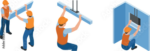Isometric construction workers installing beam and wall structure teamwork building process industrial labor engineering assembly installation illustration sequence