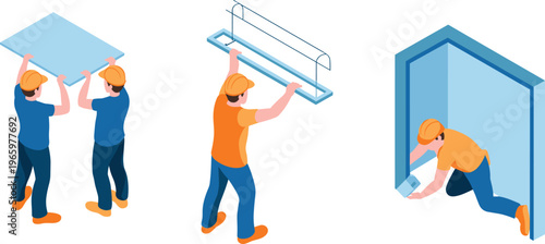 Isometric construction workers installing panel and frame structure teamwork building process industrial labor engineering assembly installation illustration sequence