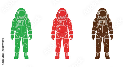 Three astronauts in colorful suits, green, red, and brown, standing against a white background in a stylized