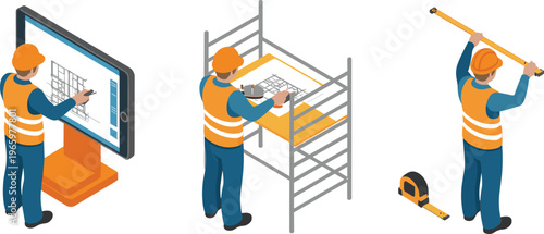 Isometric construction workflow architect planning blueprint measurement installation process builder using digital tablet scaffolding tools 3D illustration