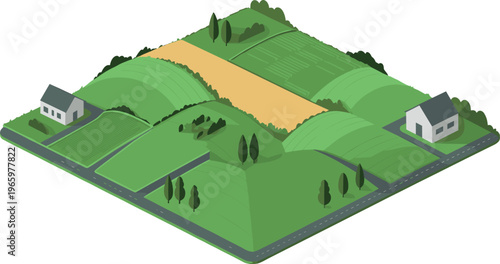 Isometric countryside farmland with rolling hills crop fields rural houses and roads peaceful agricultural landscape illustration natural environment concept