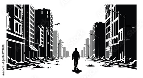 A lone figure stands amidst the rubble of a destroyed city street viewed from a dramatic perspective silhouette high quality professional