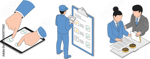 Isometric digital approval and business verification concept, checklist validation contract agreement workflow online signature technology office vector illustration design