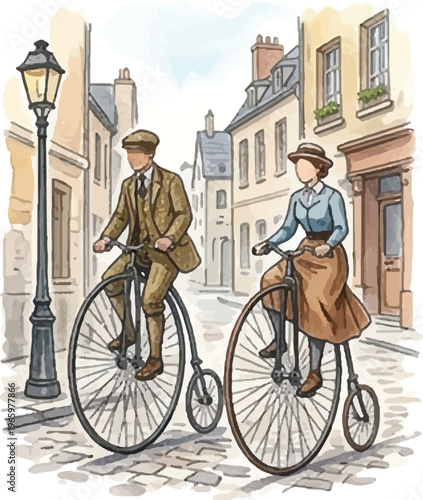 Vintage Couple Riding Penny Farthing Bicycles on Cobblestone Street Retro Illustration