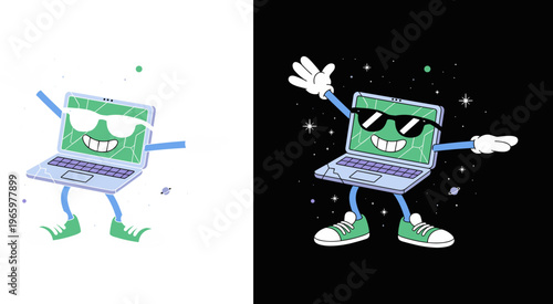 Funny Laptop Character Mascot in Retro Rubber Hose Cartoon Style, Flat Vector Illustration