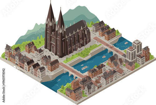 Isometric European city with large gothic cathedral, river bridges, urban buildings and mountains creating detailed historic town 3D illustration scene