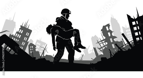 A rescuer carries an injured person through a destroyed cityscape a stark and dramatic silhouette high quality professional detailed modern elegant