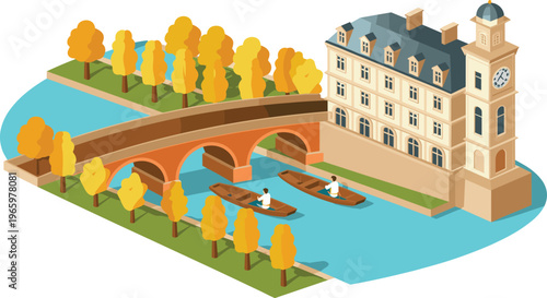 Isometric European riverside city illustration, historic architecture, stone bridge, autumn trees, rowing boats, scenic canal, travel tourism concept design scene
