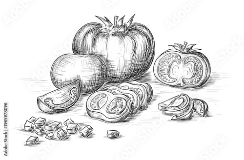 Tomatoes with slices. Vector engraved illustration of vegetables.