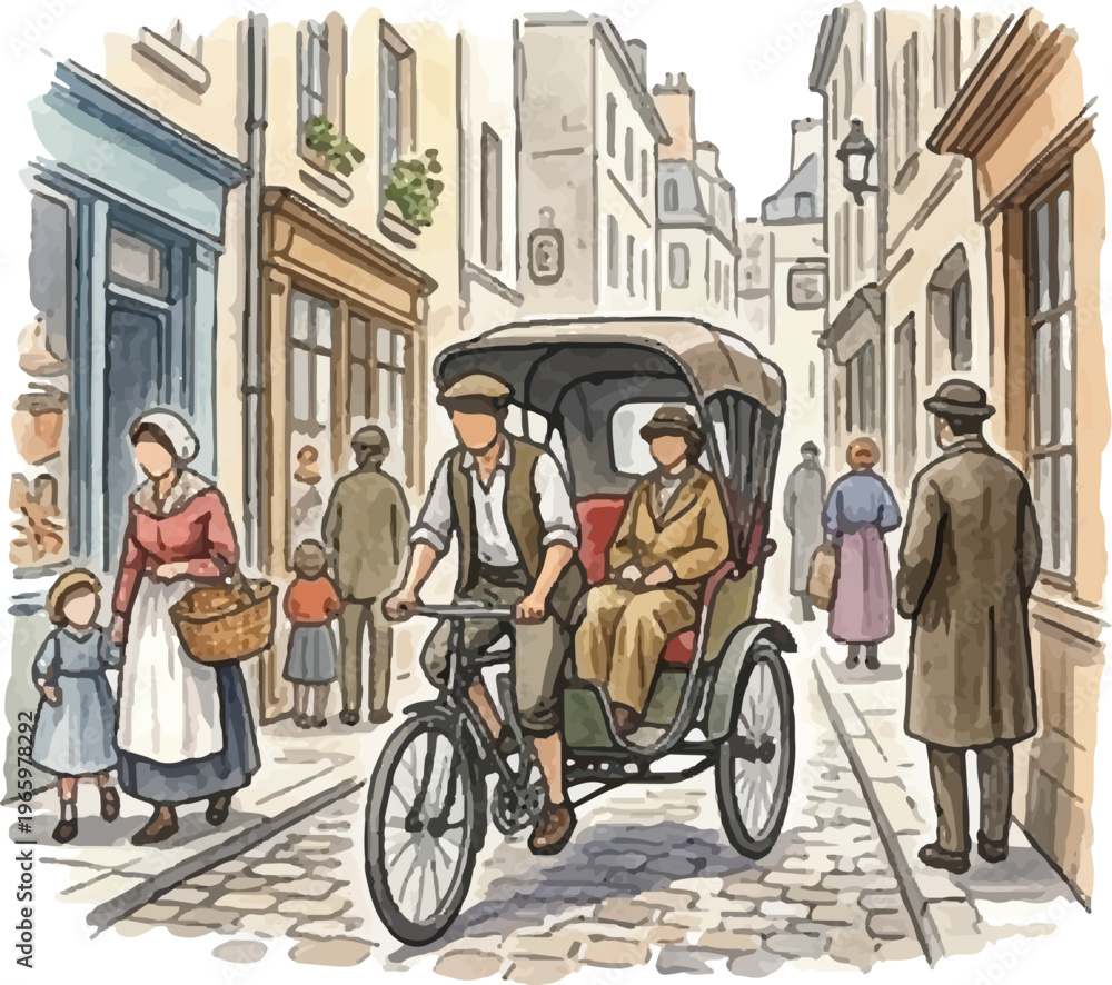 Obraz premium Vintage Pedicab Rickshaw Bicycle Carrying Passengers on Cobblestone Street Illustration