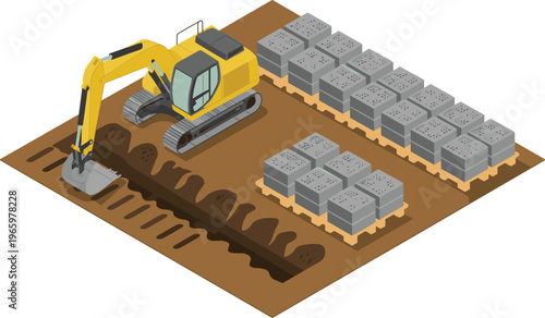 Isometric excavator digging trench foundation construction site concrete blocks groundwork civil engineering machinery building process 3D illustration modern design