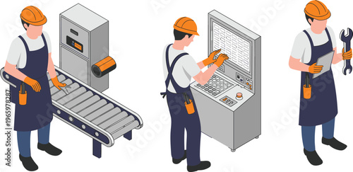 Isometric factory workers operating machinery, industrial production process maintenance technician control panel conveyor system manufacturing vector illustration modern design
