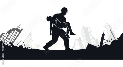 A rescuer carries an injured person through a devastated urban landscape showcasing bravery and hope a stark silhouette high quality