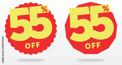 55% price, value, ads, sale, store, retail, off, marketing, special, offer, sticker, tag, banner, set, icon, vector, label. percent. Commerce, business, discount
