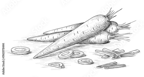 Carrots with slices. Vector engraved illustration of vegetables.