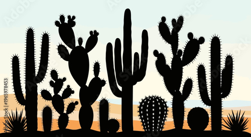 Desert Cactus Silhouette With Diverse Plants.