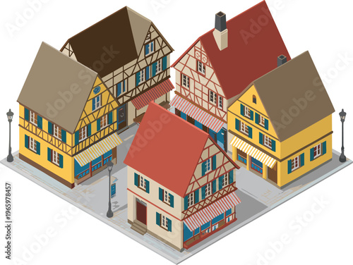 Isometric German old town buildings with half timbered houses, colorful facades, small shops, charming European street architecture illustration scene