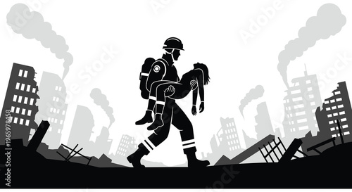 A firefighter carries an injured person through a destroyed cityscape showcasing bravery and resilience a striking silhouette high quality professional