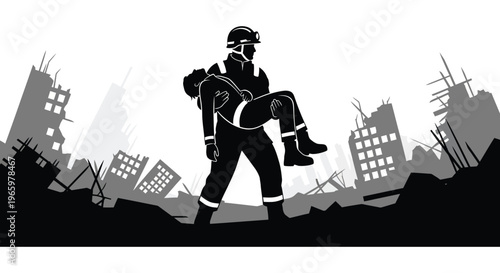 A rescuer carries a person through a devastated cityscape evoking themes of courage and hope a striking silhouette high quality professional