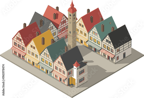 Isometric German old town square with half timbered houses, central tower, colorful facades, medieval European village architecture illustration scene