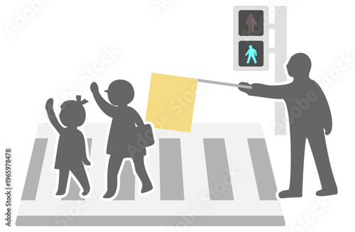 横断歩道を渡る子どもと旗を持つ人のシルエットのイラスト