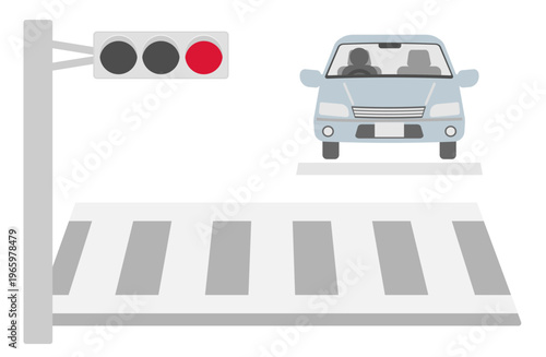 赤信号と横断歩道の前で停まる車のイラスト