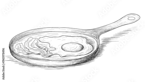 Beacon and fry egg on the frying pan. Breakfast. Vector engraved illustration.