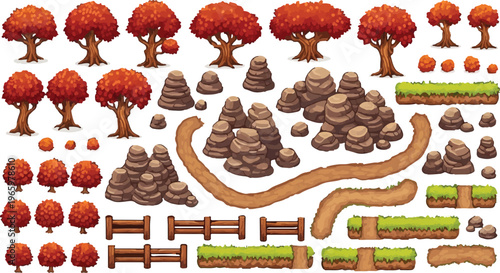 Autumn forest game assets vector collection, red leaf trees and rocky mountain landscape elements, pixel art style nature environment set for 2D platformer level design isolated PNG with