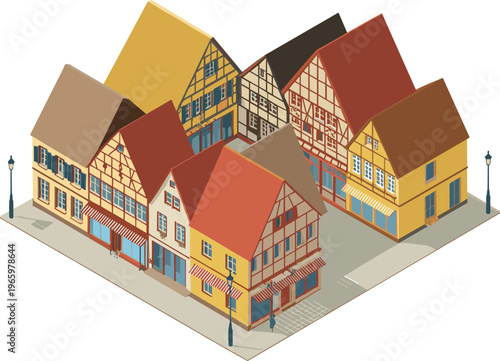 Isometric German village street with half timbered houses, colorful facades, small shops, cozy European architecture detailed urban illustration scene