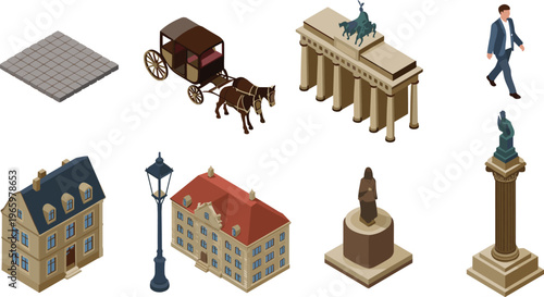 Isometric Germany architecture set with Brandenburg Gate horse carriage buildings statue column street lamp and walking businessman illustration collection