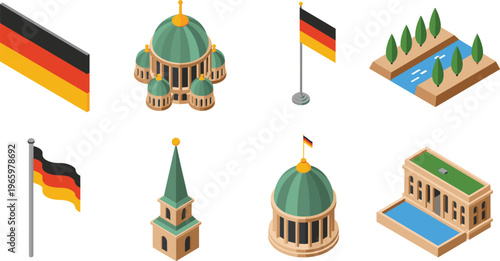 Isometric Germany landmarks illustration set, German flag, cathedral dome, historic architecture, river landscape, travel tourism concept, European culture design collection