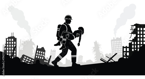 A firefighter carries a rescued person through a smoky destroyed cityscape depicted in stark silhouette high quality professional detailed modern elegant