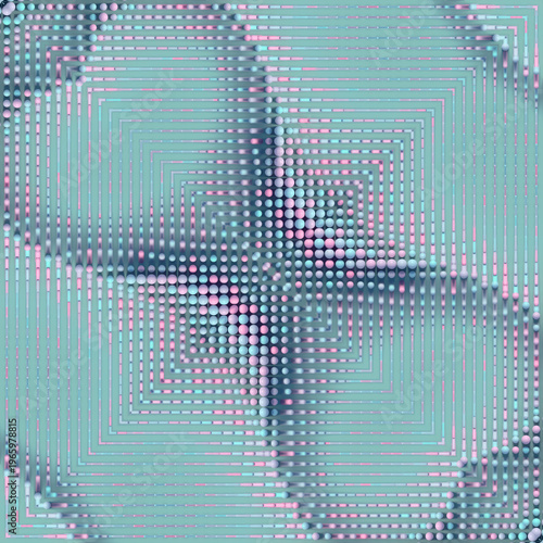 Geometric 3D abstraction with a turquoise-pink gradient. A symmetrical grid of capsules creates the effect of a futuristic technological hub in a high-tech, minimalist style