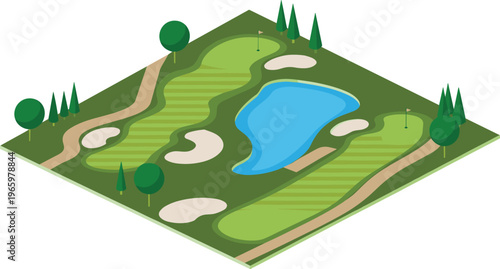 Isometric golf course illustration, green landscape with lake bunker fairway hole flag outdoor sport field 3d vector design concept