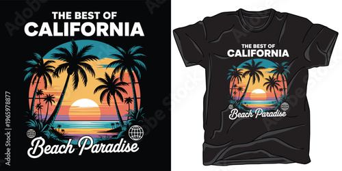 California beach paradise sunset palm trees ocean graphic.